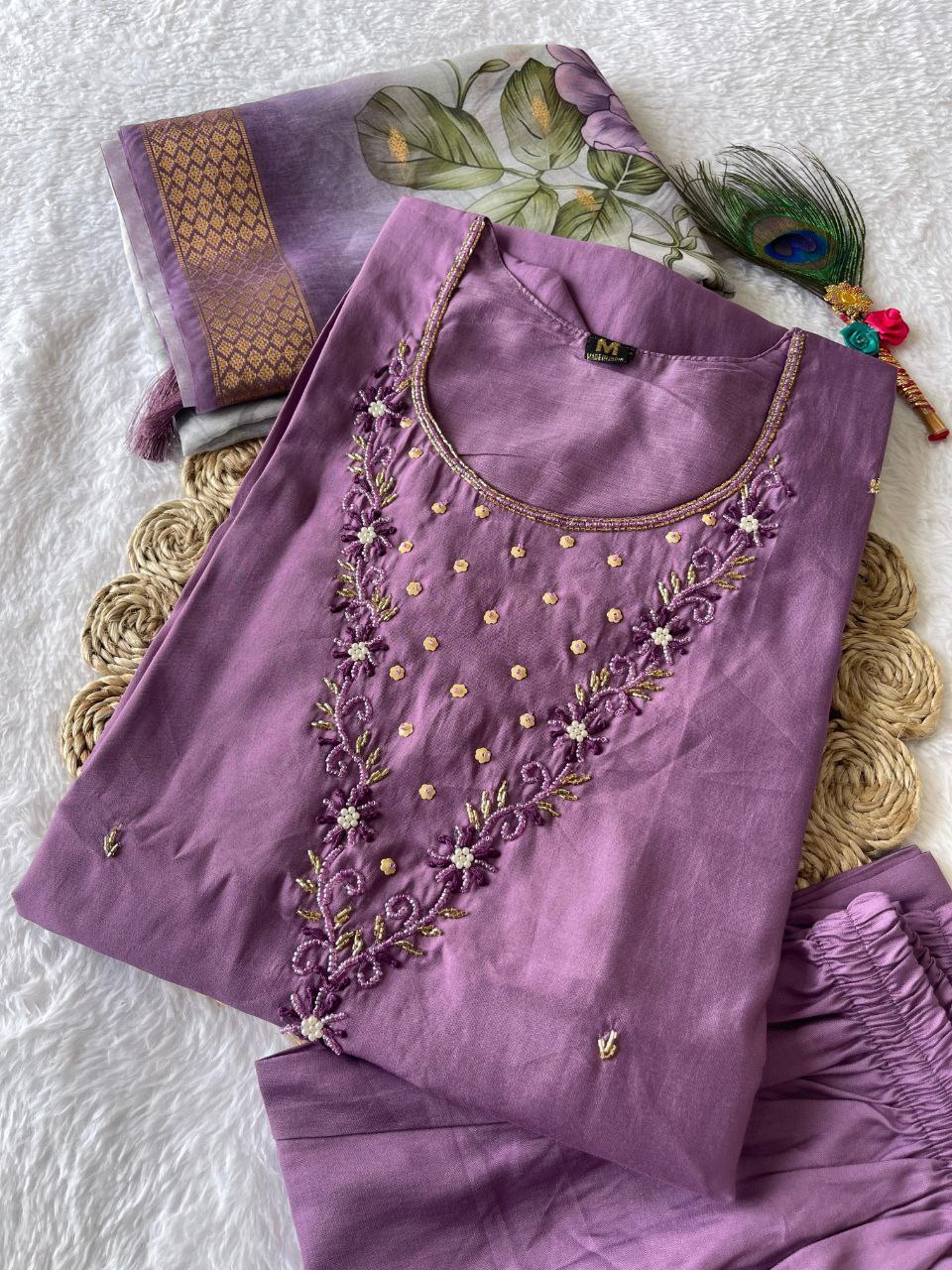 Elegant Magenta Roman Silk Handworked Kurta Pant Dupatta Set - INDIAN ELEGANCE