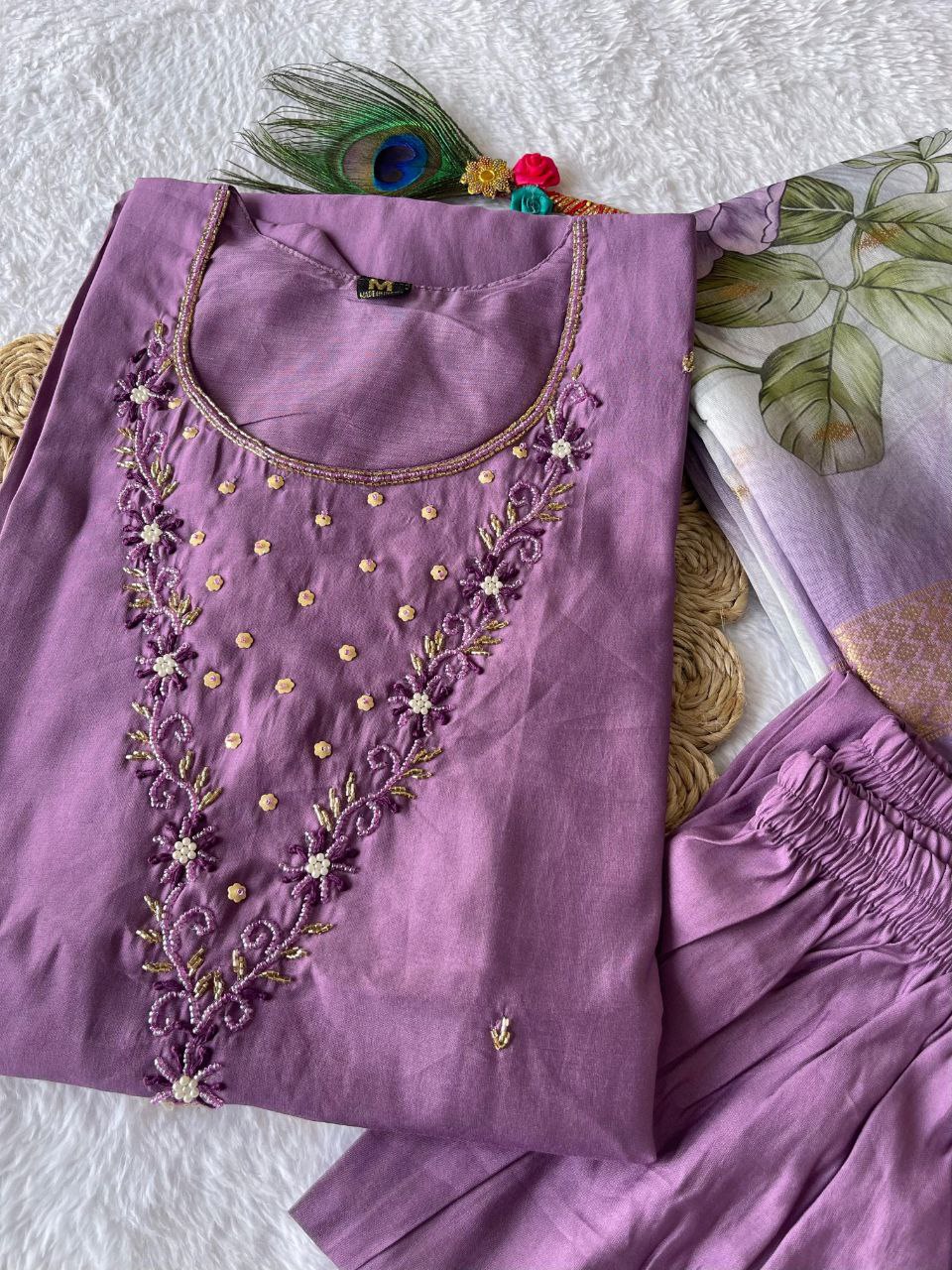 Elegant Magenta Roman Silk Handworked Kurta Pant Dupatta Set - INDIAN ELEGANCE