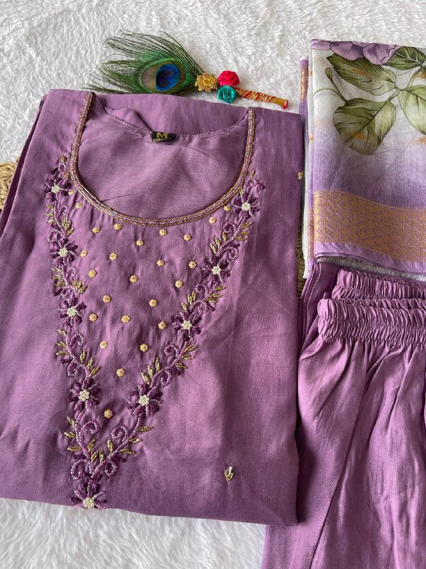 Elegant Magenta Roman Silk Handworked Kurta Pant Dupatta Set - INDIAN ELEGANCE