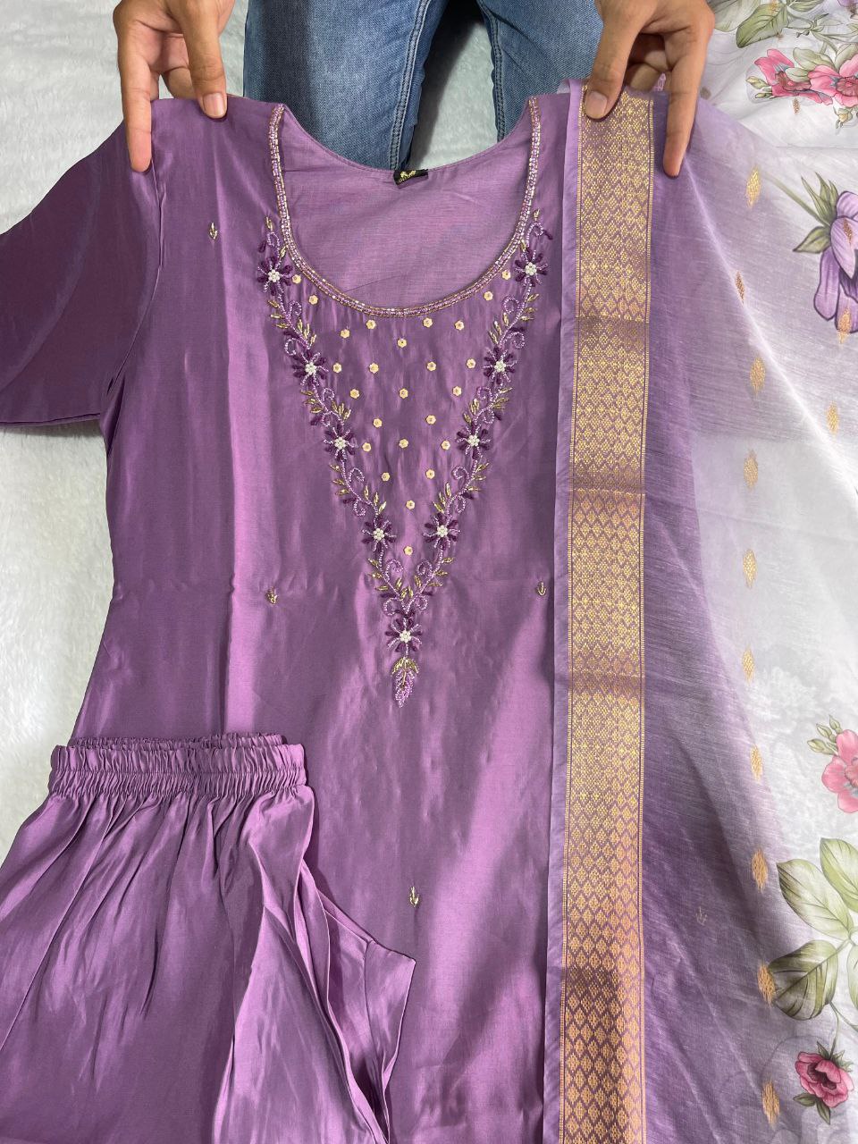 Elegant Magenta Roman Silk Handworked Kurta Pant Dupatta Set - INDIAN ELEGANCE