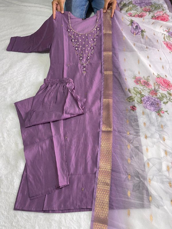 Elegant Magenta Roman Silk Handworked Kurta Pant Dupatta Set - INDIAN ELEGANCE