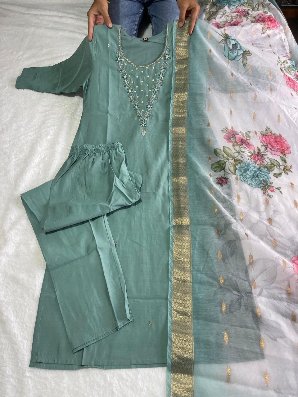 Comely Teal Roman Silk Handworked Kurta Pant Dupatta Set - INDIAN ELEGANCE