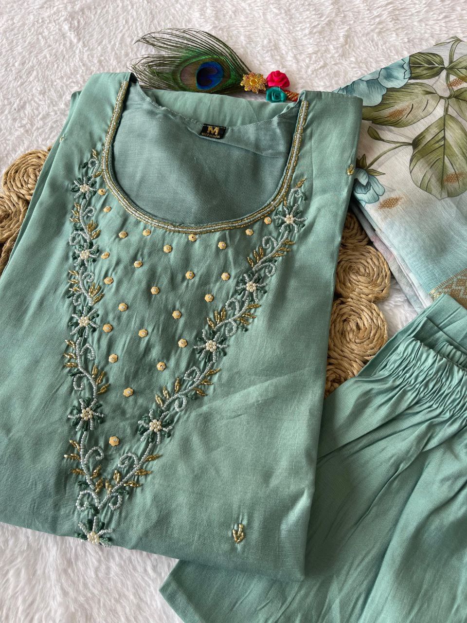 Comely Teal Roman Silk Handworked Kurta Pant Dupatta Set - INDIAN ELEGANCE