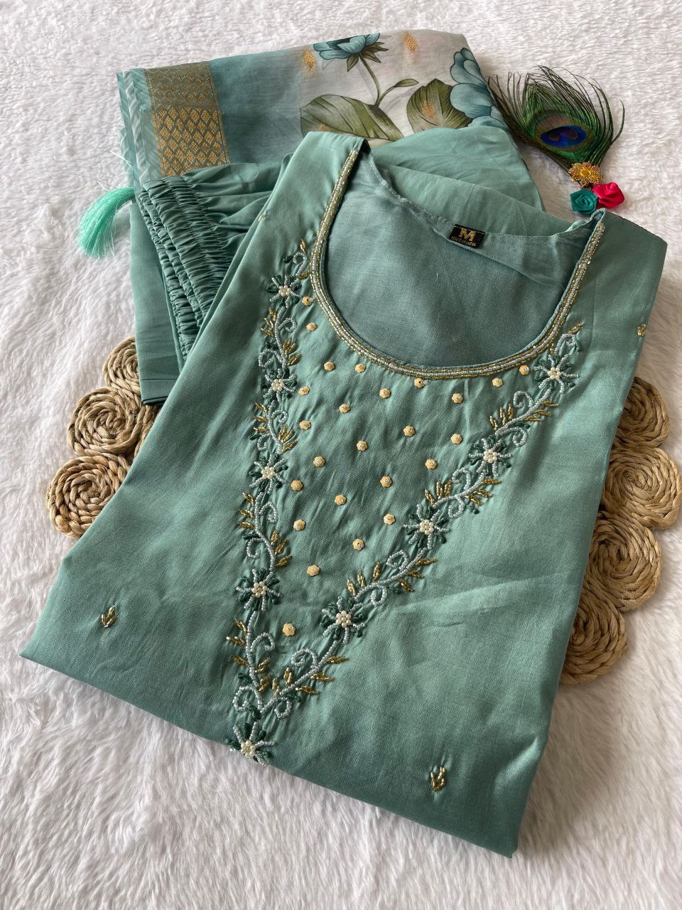 Comely Teal Roman Silk Handworked Kurta Pant Dupatta Set - INDIAN ELEGANCE