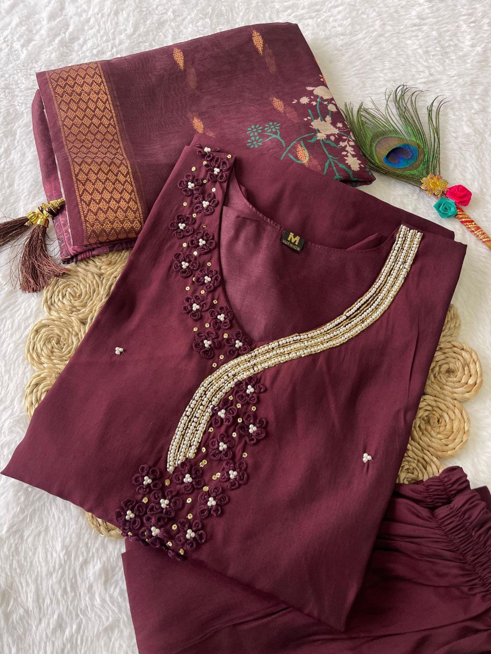 Captivating Dark Maroon Roman Silk Handworked Kurta Pant Dupatta Set - INDIAN ELEGANCE