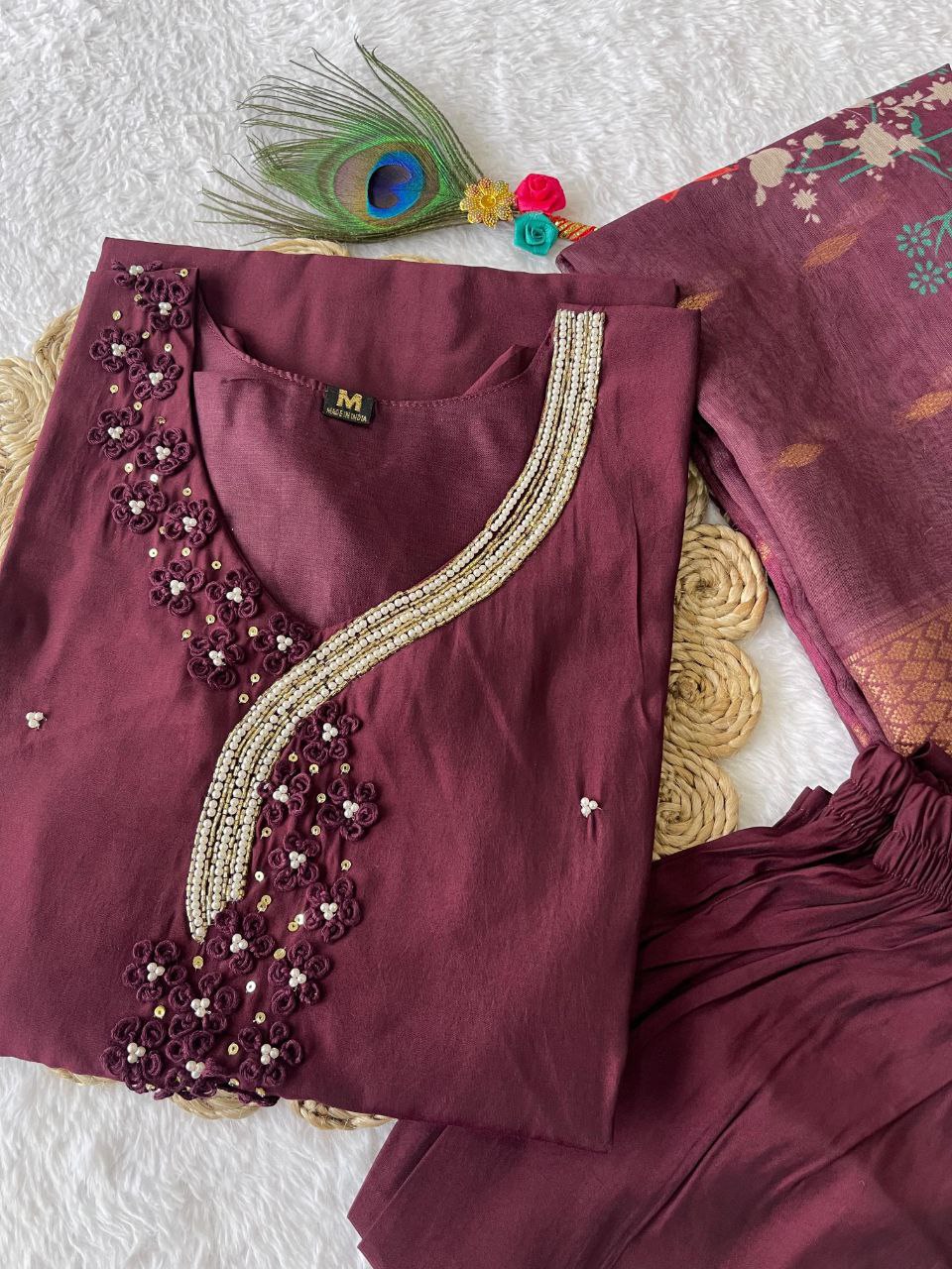 Captivating Dark Maroon Roman Silk Handworked Kurta Pant Dupatta Set - INDIAN ELEGANCE