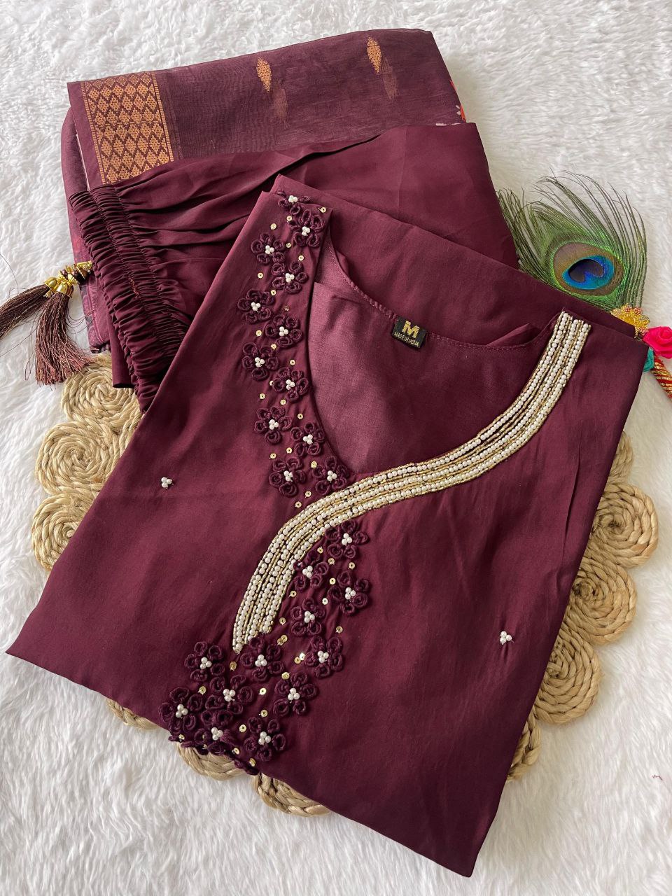 Captivating Dark Maroon Roman Silk Handworked Kurta Pant Dupatta Set - INDIAN ELEGANCE