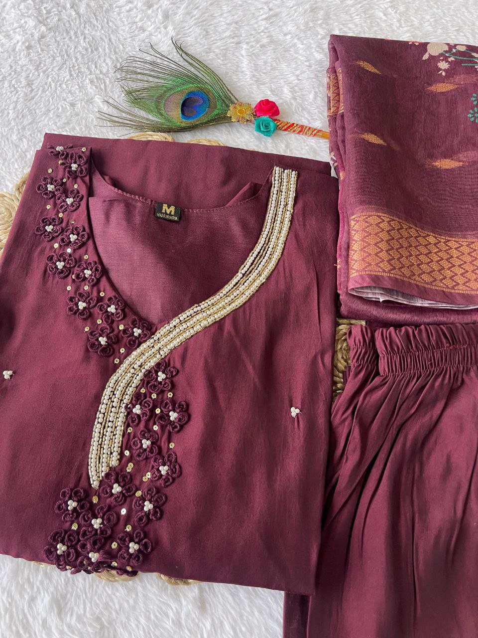 Captivating Dark Maroon Roman Silk Handworked Kurta Pant Dupatta Set - INDIAN ELEGANCE