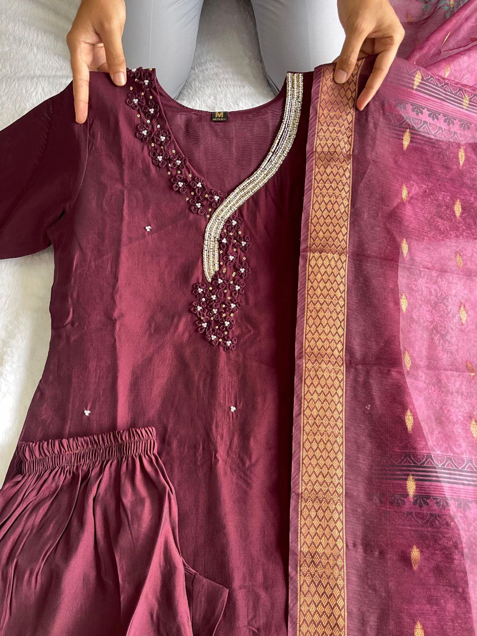 Captivating Dark Maroon Roman Silk Handworked Kurta Pant Dupatta Set - INDIAN ELEGANCE