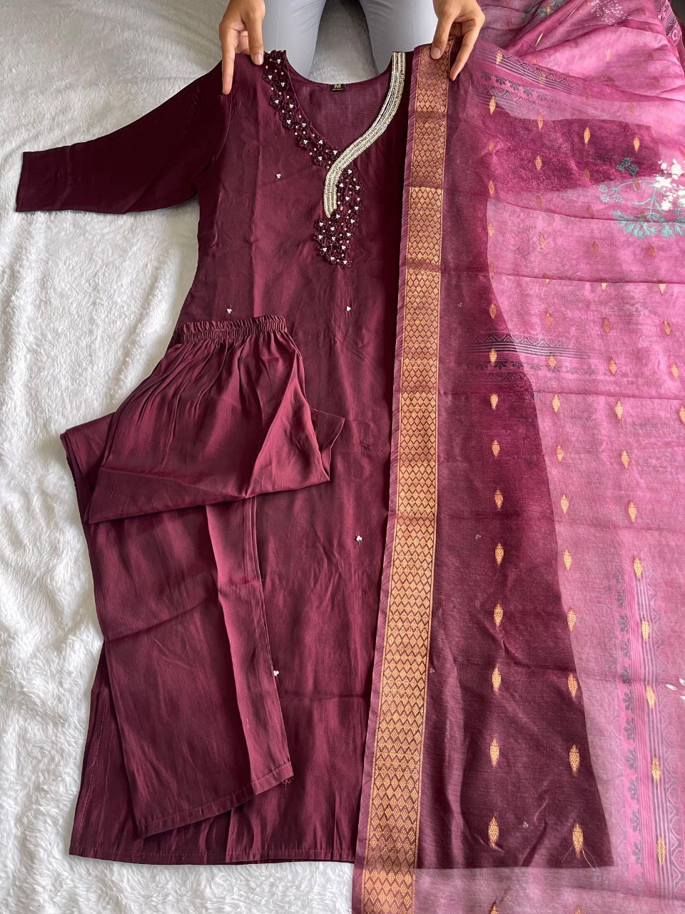 Captivating Dark Maroon Roman Silk Handworked Kurta Pant Dupatta Set - INDIAN ELEGANCE