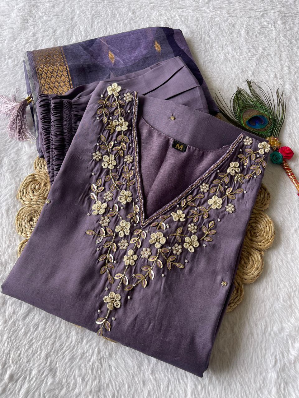 Splendid Light Lavender Roman Silk Handworked Kurta Pant Dupatta Set - INDIAN ELEGANCE