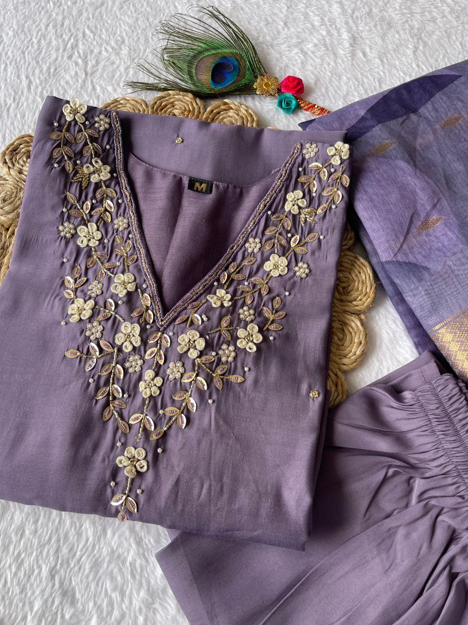 Splendid Light Lavender Roman Silk Handworked Kurta Pant Dupatta Set - INDIAN ELEGANCE