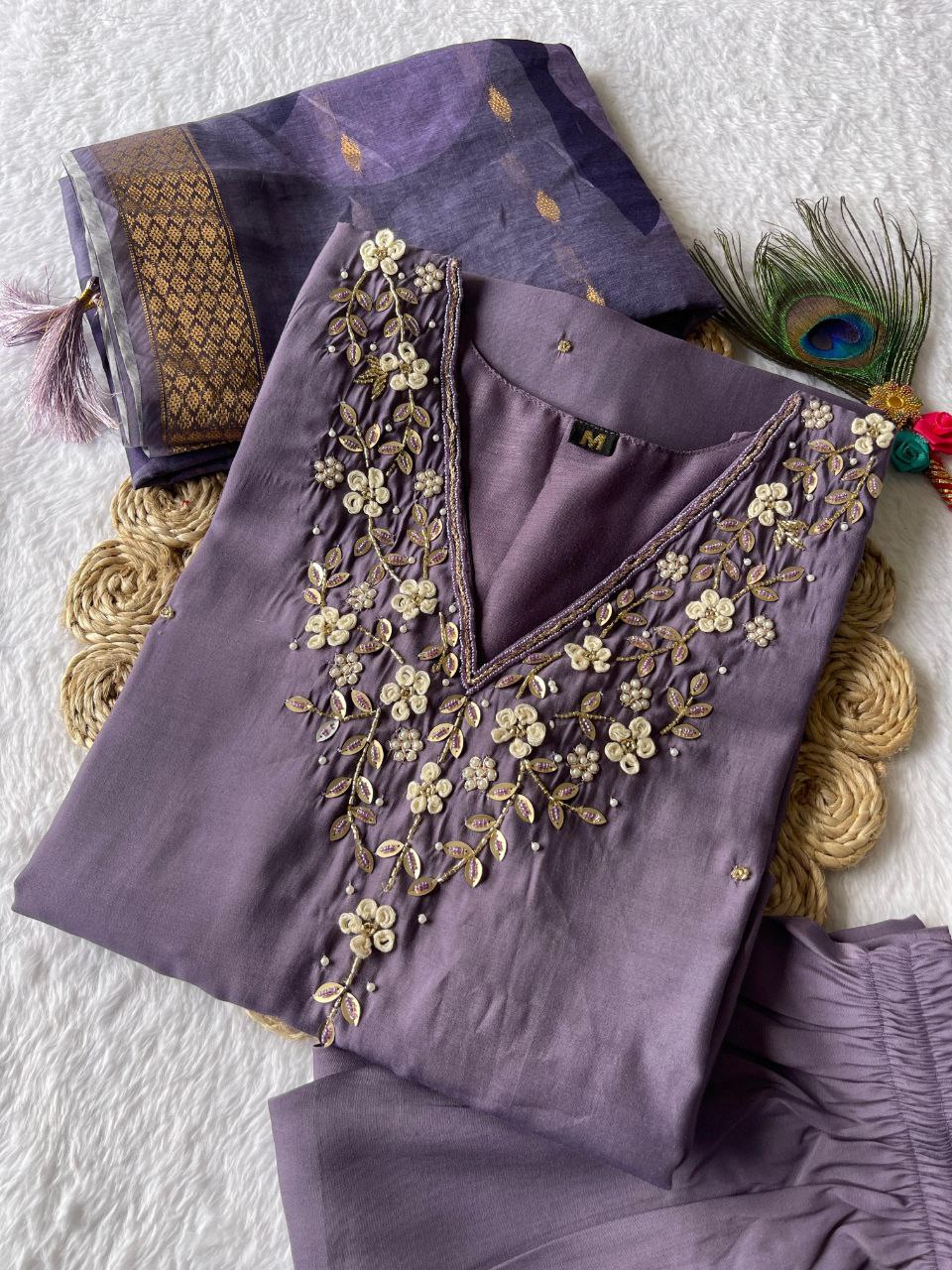 Splendid Light Lavender Roman Silk Handworked Kurta Pant Dupatta Set - INDIAN ELEGANCE