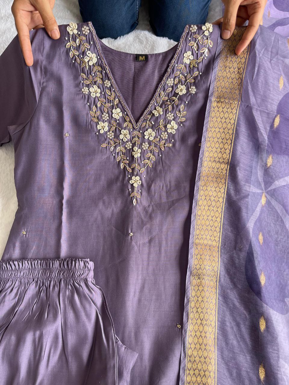 Splendid Light Lavender Roman Silk Handworked Kurta Pant Dupatta Set - INDIAN ELEGANCE
