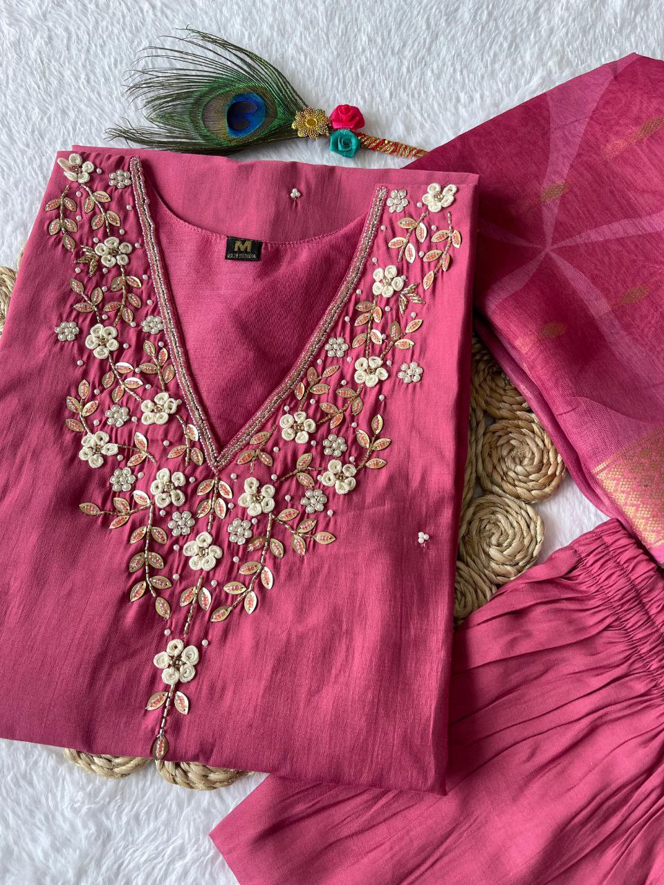 Graceful Rouge Roman Silk Handworked Kurta Pant Dupatta Set - INDIAN ELEGANCE