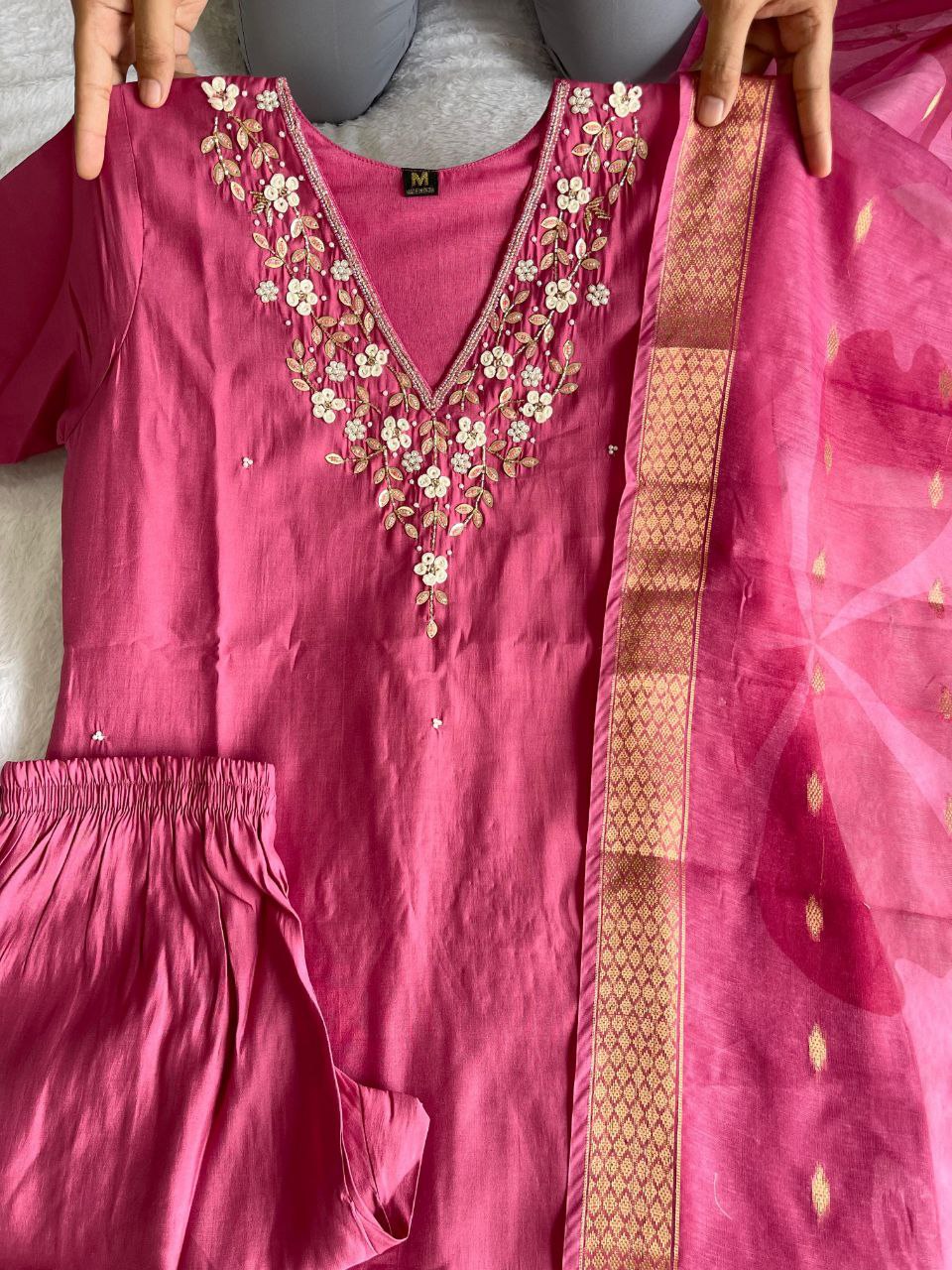 Graceful Rouge Roman Silk Handworked Kurta Pant Dupatta Set - INDIAN ELEGANCE