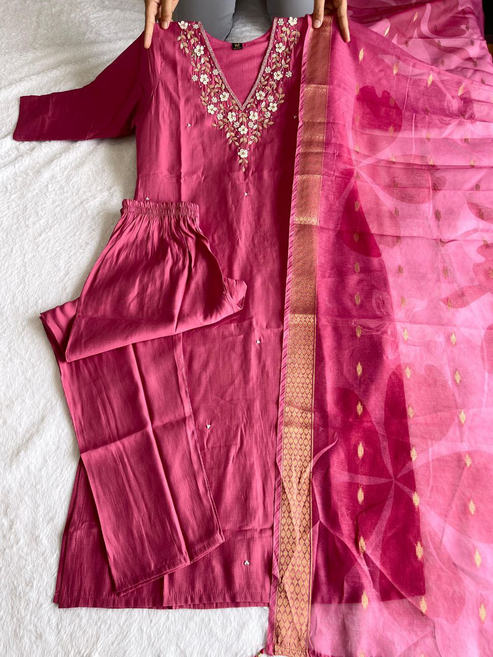 Graceful Rouge Roman Silk Handworked Kurta Pant Dupatta Set - INDIAN ELEGANCE