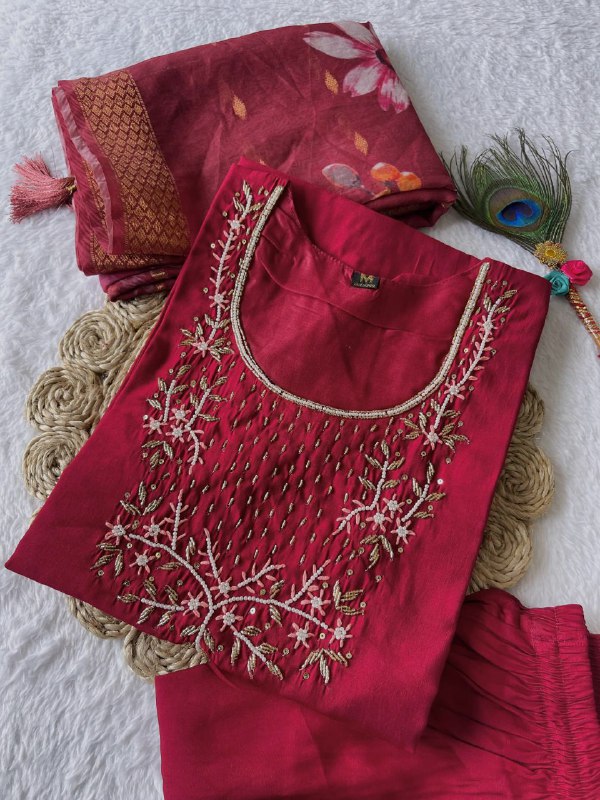 Classy Maroon Roman Silk Handworked Kurta Pant Dupatta Set - INDIAN ELEGANCE