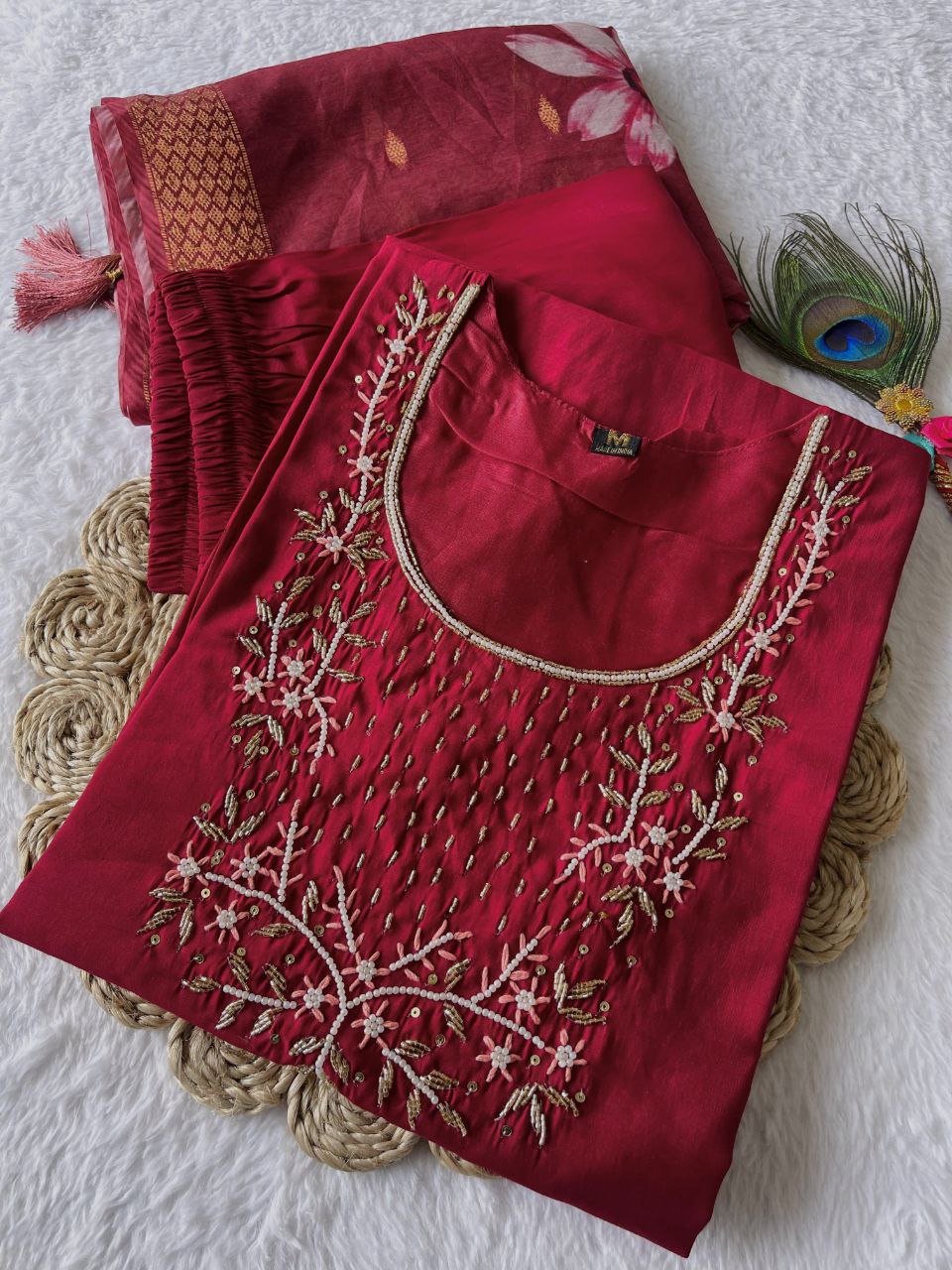 Classy Maroon Roman Silk Handworked Kurta Pant Dupatta Set - INDIAN ELEGANCE