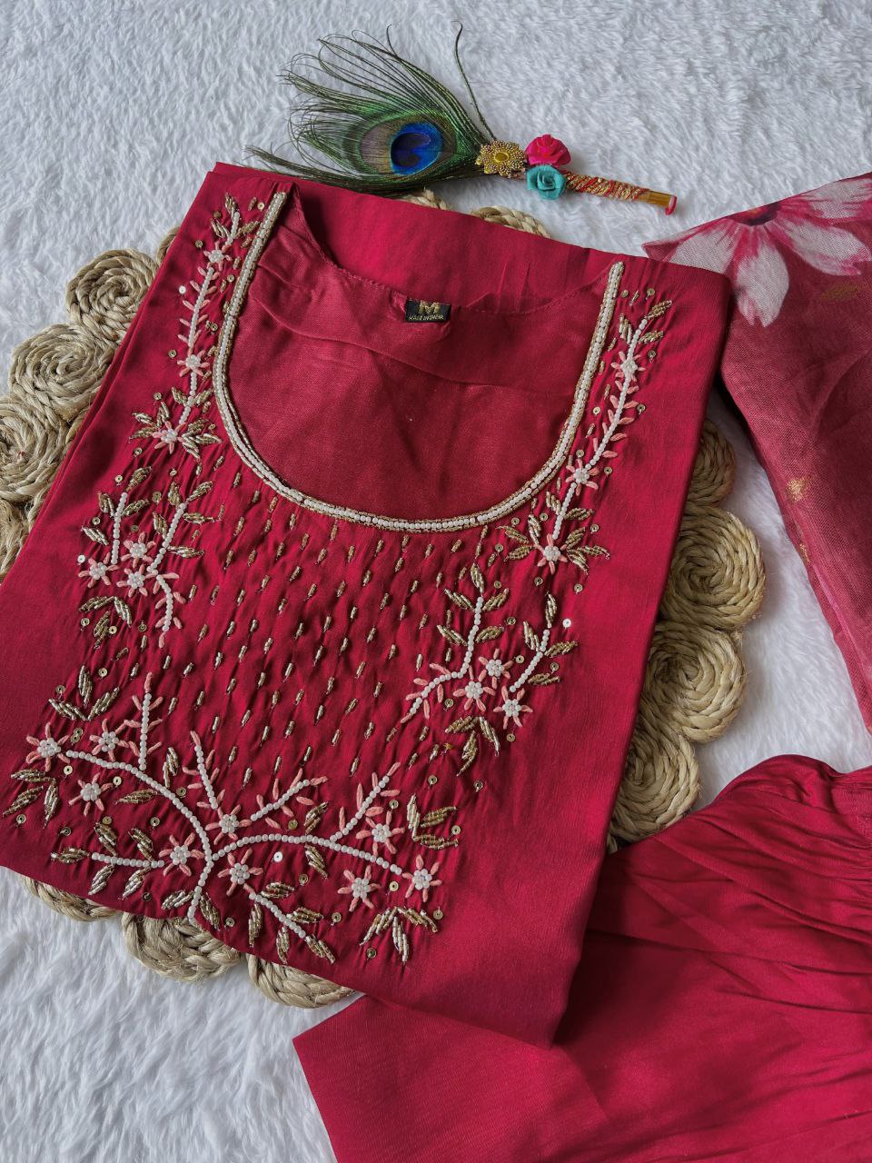 Classy Maroon Roman Silk Handworked Kurta Pant Dupatta Set - INDIAN ELEGANCE