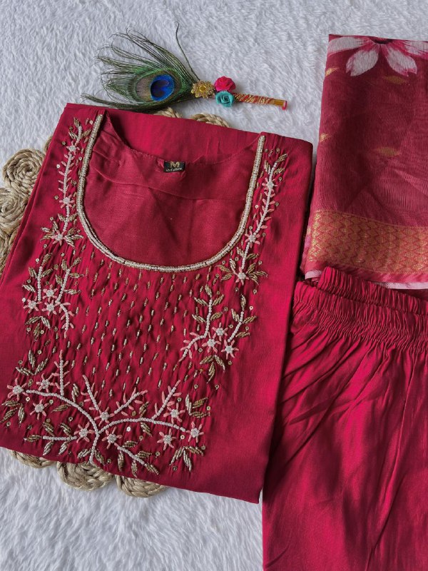 Classy Maroon Roman Silk Handworked Kurta Pant Dupatta Set - INDIAN ELEGANCE