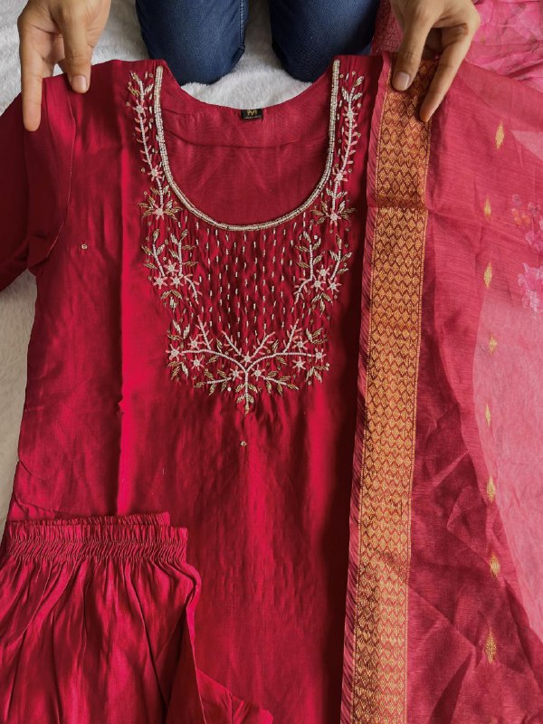 Classy Maroon Roman Silk Handworked Kurta Pant Dupatta Set - INDIAN ELEGANCE