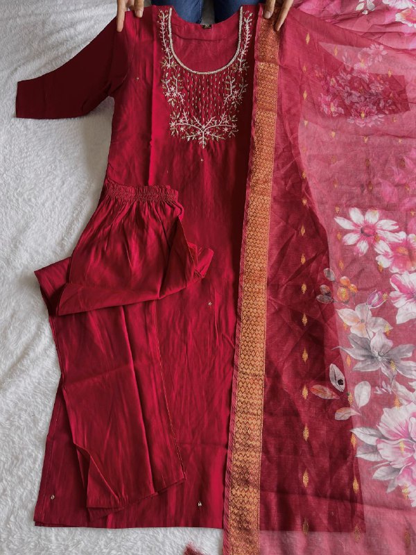 Classy Maroon Roman Silk Handworked Kurta Pant Dupatta Set - INDIAN ELEGANCE