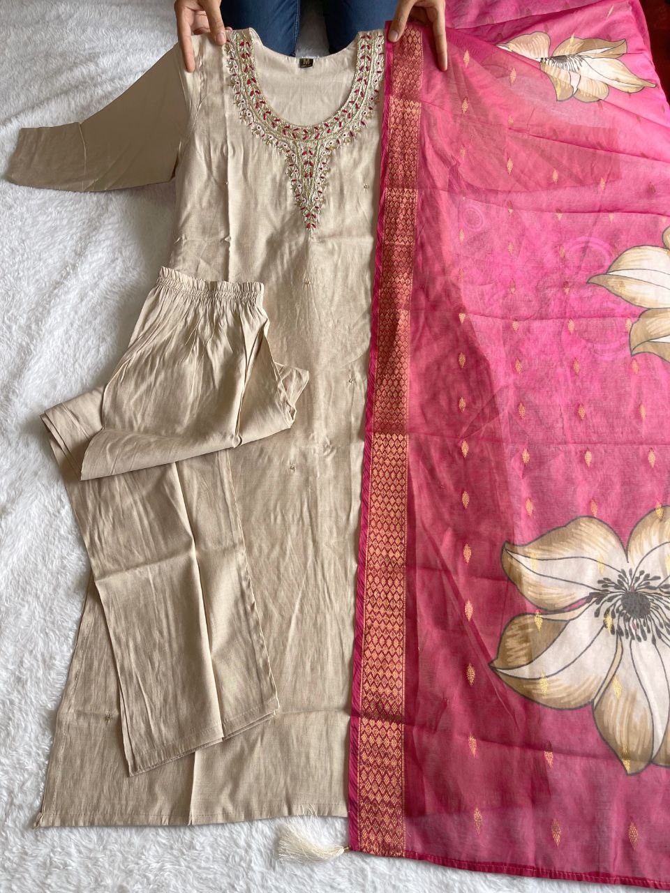 Delightful Cream Roman Silk Handworked Kurta Pant Dupatta Set - INDIAN ELEGANCE