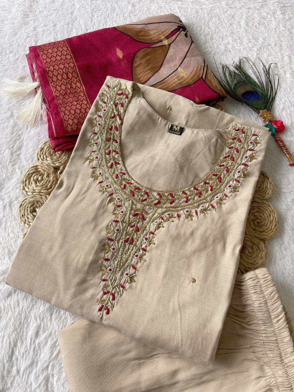 Delightful Cream Roman Silk Handworked Kurta Pant Dupatta Set - INDIAN ELEGANCE