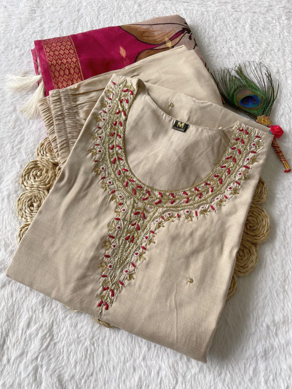 Delightful Cream Roman Silk Handworked Kurta Pant Dupatta Set - INDIAN ELEGANCE