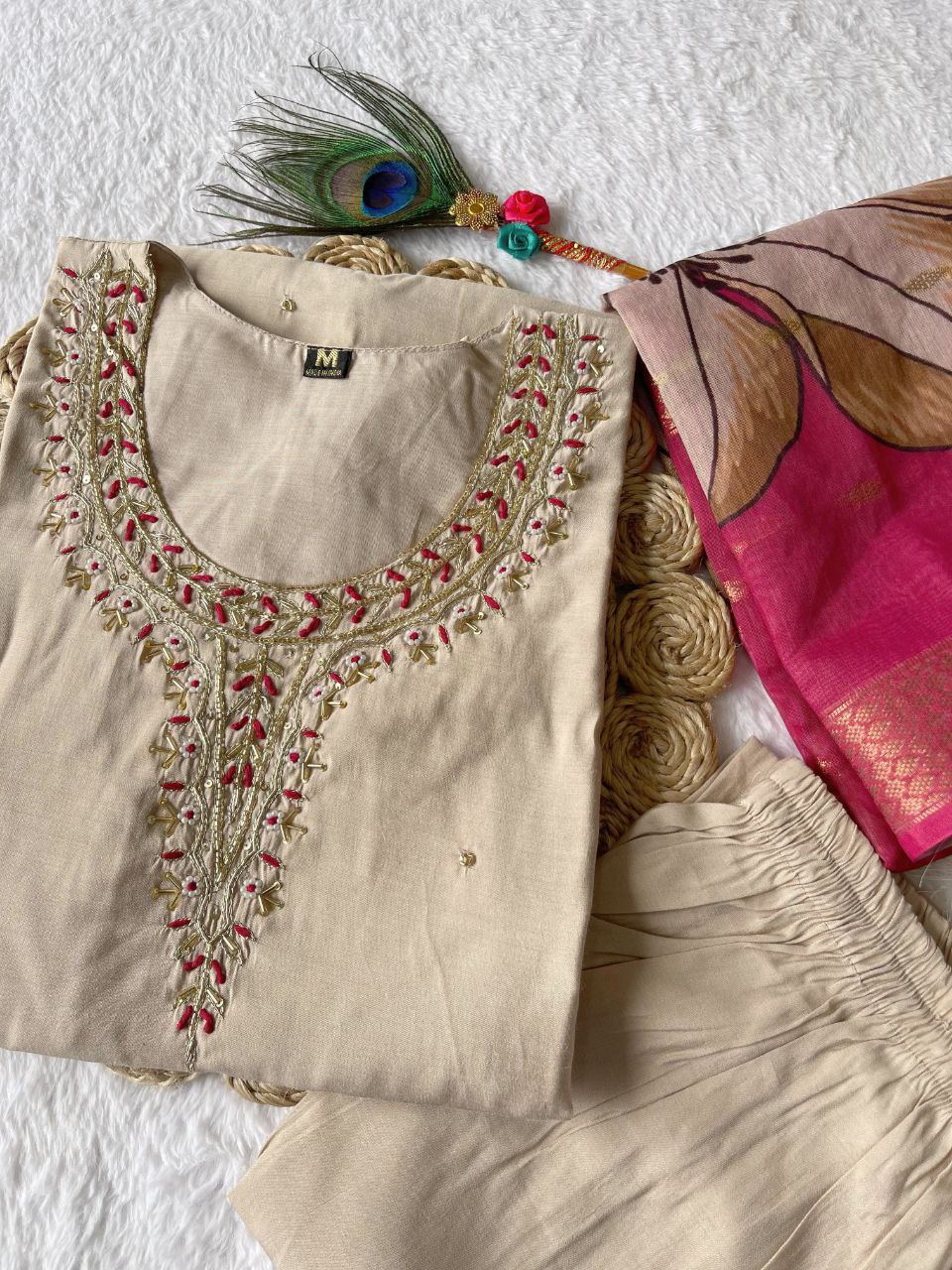 Delightful Cream Roman Silk Handworked Kurta Pant Dupatta Set - INDIAN ELEGANCE