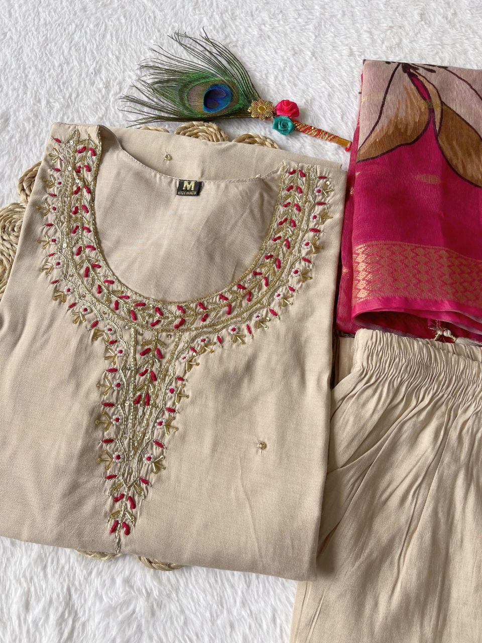 Delightful Cream Roman Silk Handworked Kurta Pant Dupatta Set - INDIAN ELEGANCE