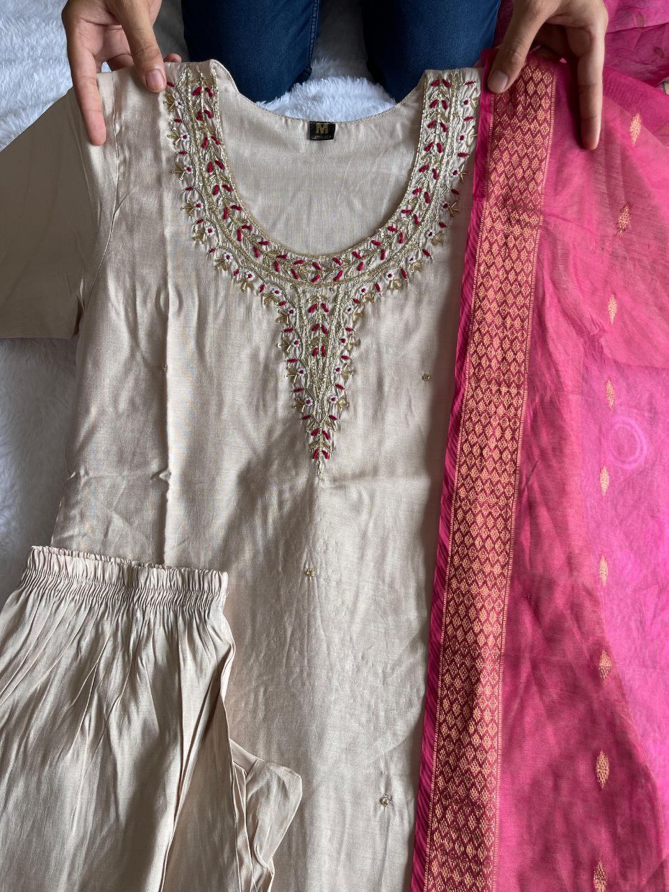 Delightful Cream Roman Silk Handworked Kurta Pant Dupatta Set - INDIAN ELEGANCE