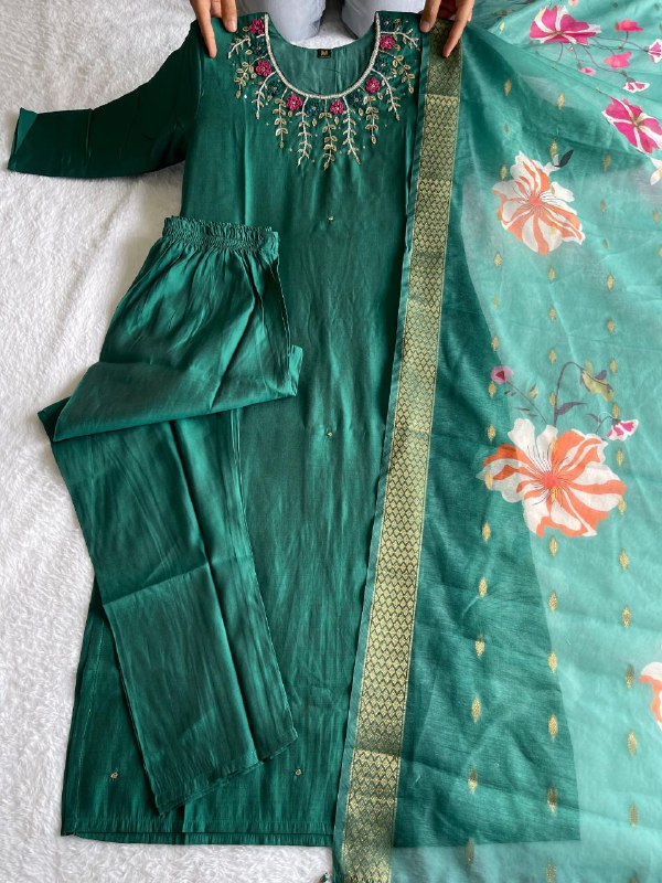Hypnotic Green Roman Silk Handworked Kurta Pant Dupatta Set - INDIAN ELEGANCE