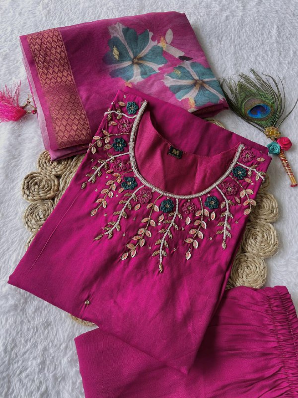 Enchanting Magenta Roman Silk Handworked Kurta Pant Dupatta Set - INDIAN ELEGANCE