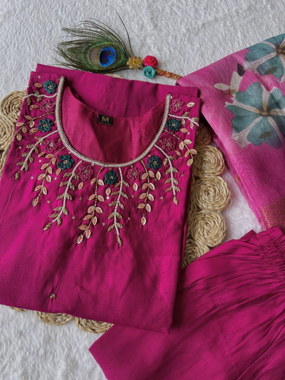 Enchanting Magenta Roman Silk Handworked Kurta Pant Dupatta Set - INDIAN ELEGANCE