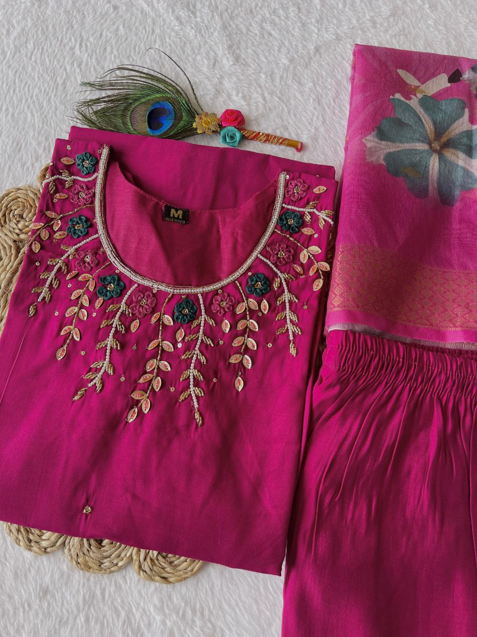 Enchanting Magenta Roman Silk Handworked Kurta Pant Dupatta Set - INDIAN ELEGANCE