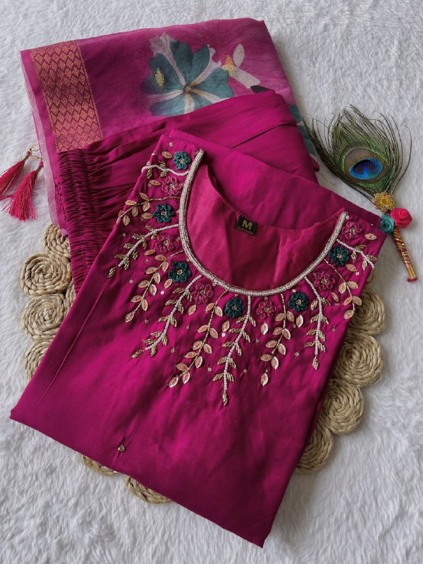 Enchanting Magenta Roman Silk Handworked Kurta Pant Dupatta Set - INDIAN ELEGANCE