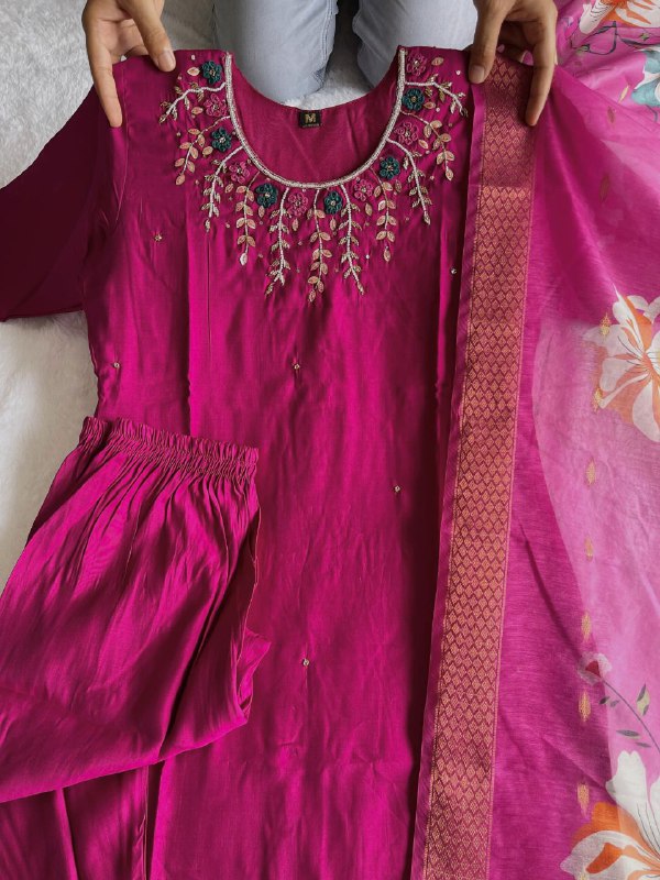 Enchanting Magenta Roman Silk Handworked Kurta Pant Dupatta Set - INDIAN ELEGANCE