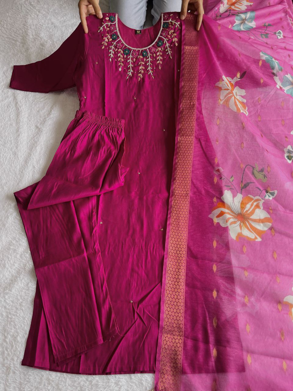 Enchanting Magenta Roman Silk Handworked Kurta Pant Dupatta Set - INDIAN ELEGANCE
