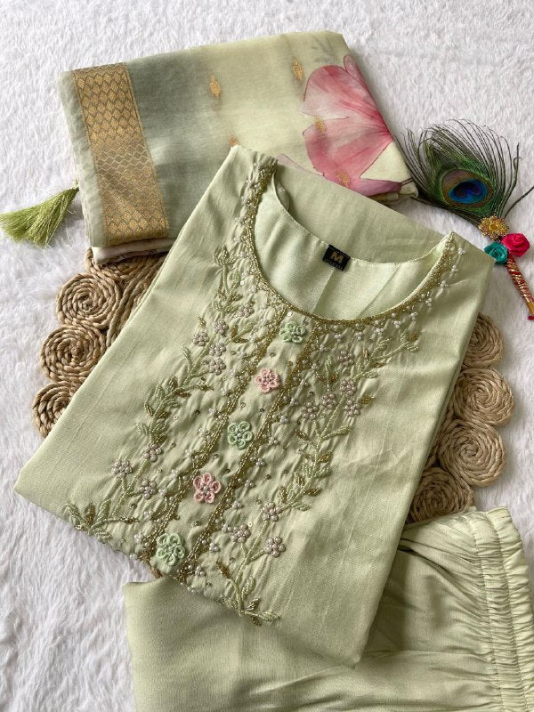 Enamoring Light Pista Roman Silk Handworked Kurta Pant Dupatta Set - INDIAN ELEGANCE