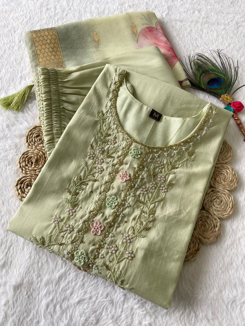 Enamoring Light Pista Roman Silk Handworked Kurta Pant Dupatta Set - INDIAN ELEGANCE