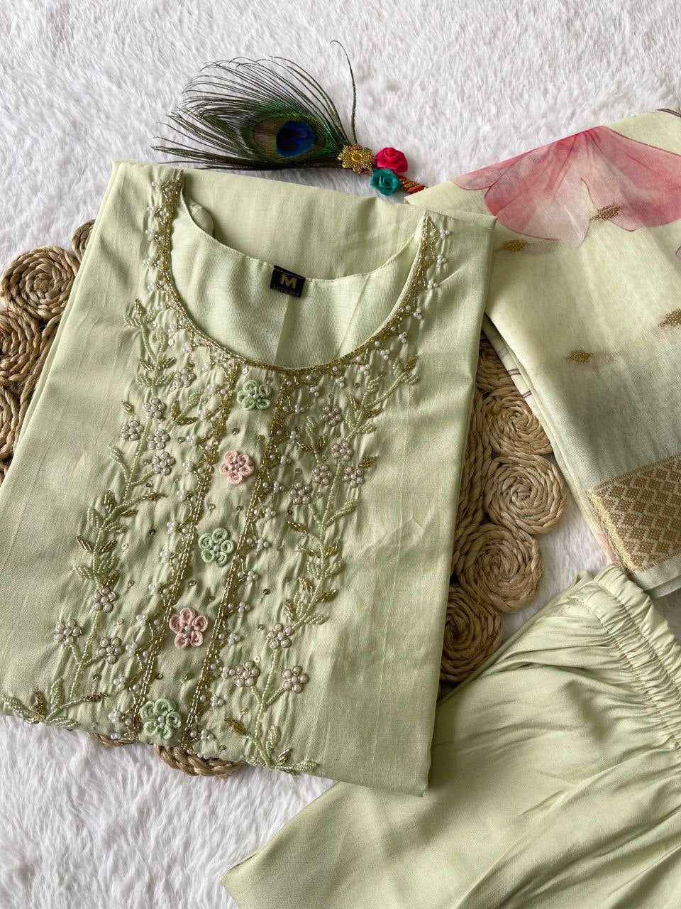 Enamoring Light Pista Roman Silk Handworked Kurta Pant Dupatta Set - INDIAN ELEGANCE