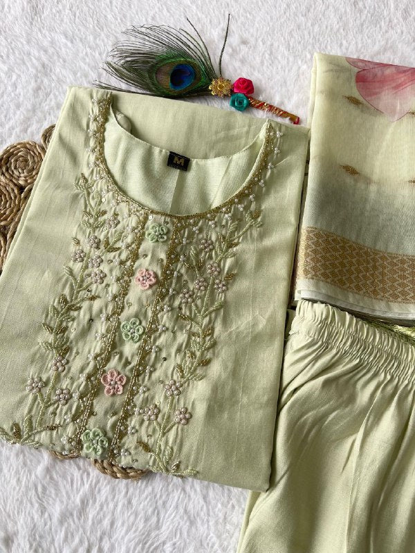 Enamoring Light Pista Roman Silk Handworked Kurta Pant Dupatta Set - INDIAN ELEGANCE