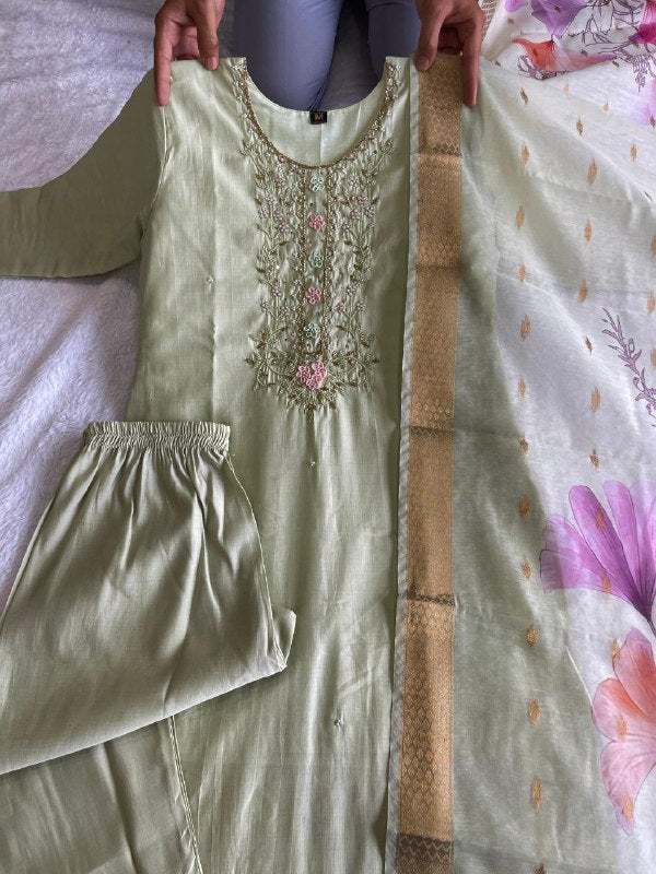 Enamoring Light Pista Roman Silk Handworked Kurta Pant Dupatta Set - INDIAN ELEGANCE