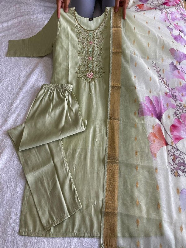 Enamoring Light Pista Roman Silk Handworked Kurta Pant Dupatta Set - INDIAN ELEGANCE