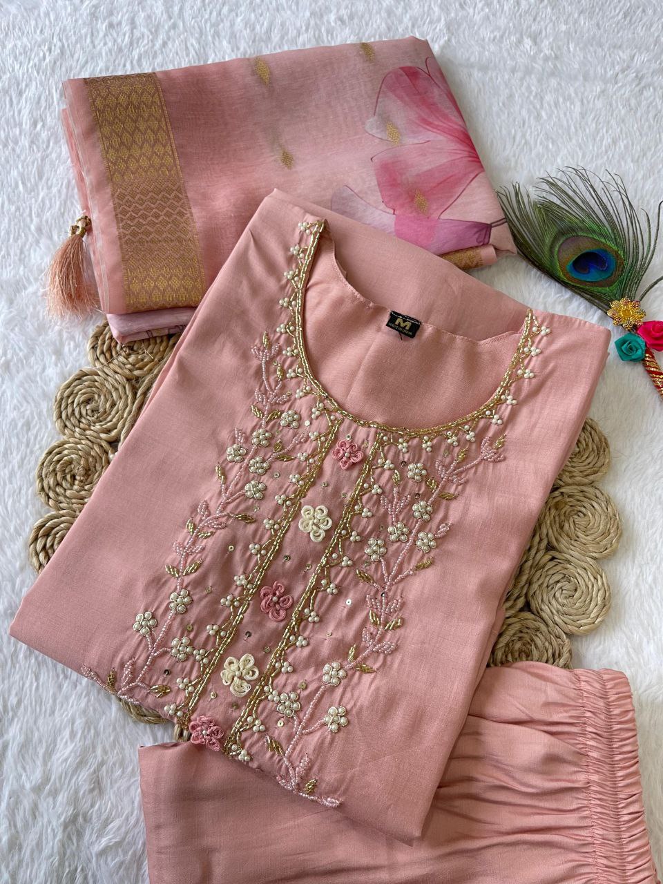 Dashing Peach Roman Silk Handworked Kurta Pant Dupatta Set - INDIAN ELEGANCE