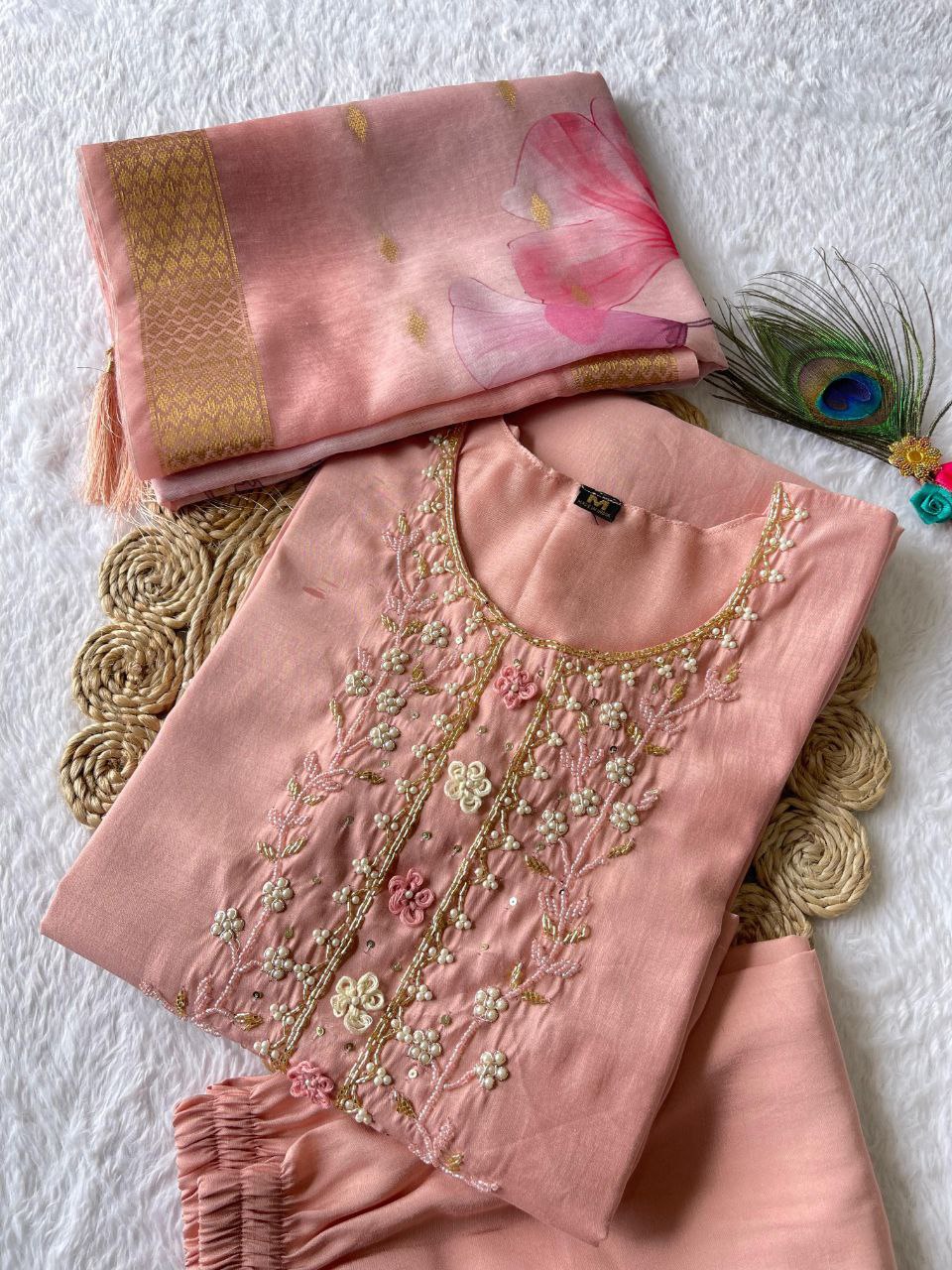 Dashing Peach Roman Silk Handworked Kurta Pant Dupatta Set - INDIAN ELEGANCE