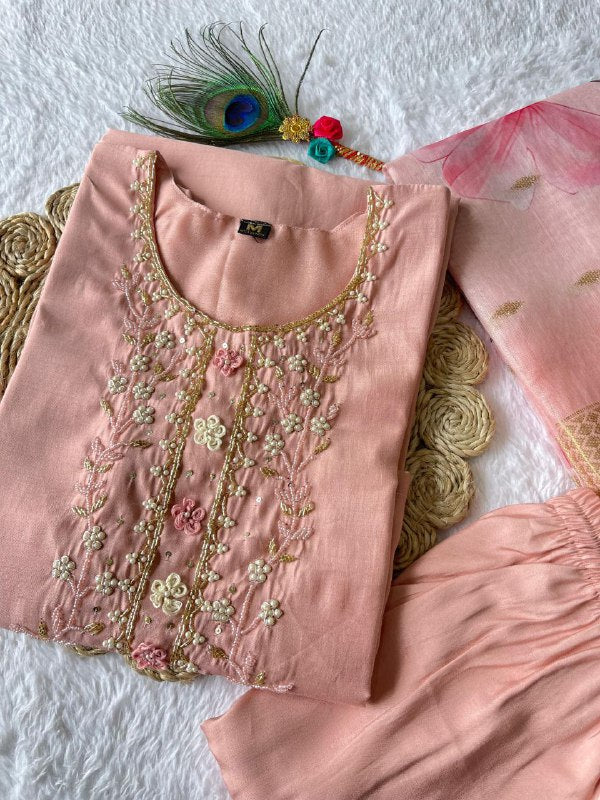 Dashing Peach Roman Silk Handworked Kurta Pant Dupatta Set - INDIAN ELEGANCE