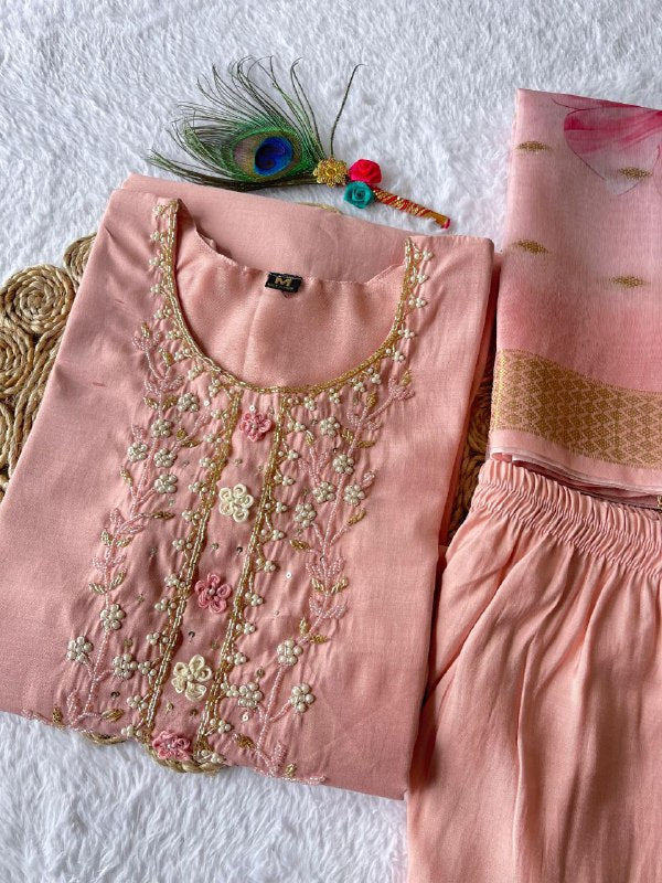 Dashing Peach Roman Silk Handworked Kurta Pant Dupatta Set - INDIAN ELEGANCE